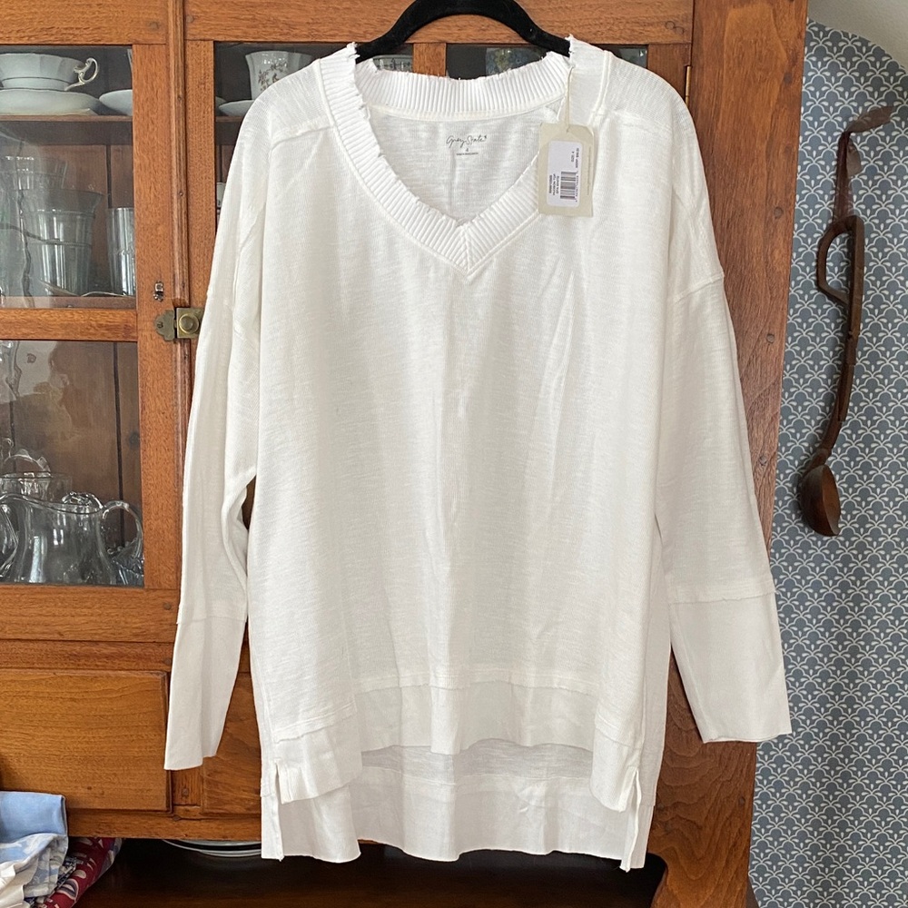 SALE! Oversized cotton top w/ by-design fraying, drop shoulders, & high-low hem